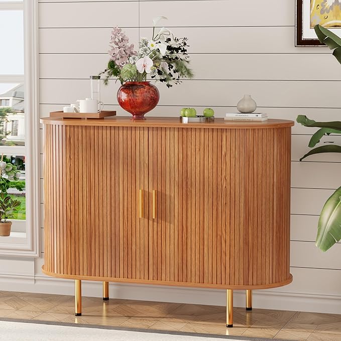 DHH Sideboard Buffet Cabinet with Storage,Mid Century Modern Fluted Accent Coffee Bar Console Table,Tambour Sliding Doors& Adjustable Shelf for Kitchen, Living Room, Entryway (Yellow walnut40 Inch)