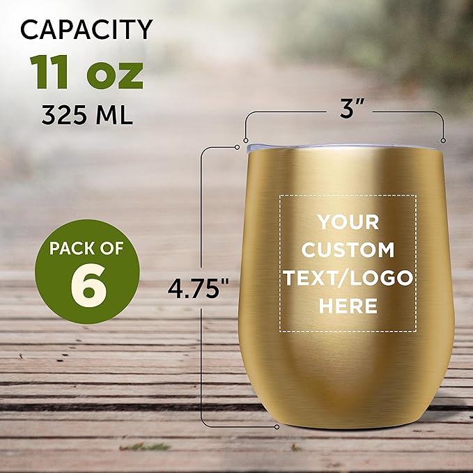 Custom Stemless Wine Glass Tumblers with Lids by Largo 11 oz. Set of 6, Personalized Bulk Pack - Perfect for Wine, Cocktails, Other Hot & Cold Beverages - Gold