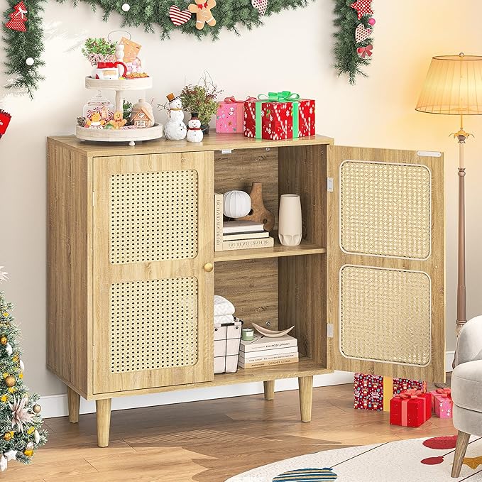 Rattan Sideboard Buffet Cabinet with Storage,Boho Credenza Accent Cabinet with 2 Magnetic Doors and Adjustable Shelves and Solid Wood Legs for Dining Room, Entryway, 31.5" x 15.8" x 34.6"