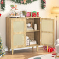 Rattan Sideboard Buffet Cabinet with Storage,Boho Credenza Accent Cabinet with 2 Magnetic Doors and Adjustable Shelves and Solid Wood Legs for Dining Room, Entryway, 31.5" x 15.8" x 34.6"