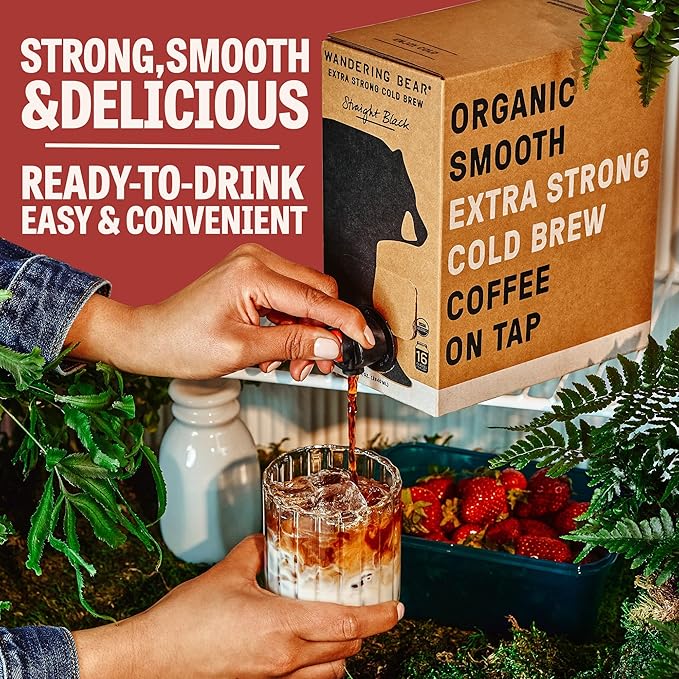 Wandering Bear Organic Mocha Cold Brew Coffee On Tap, Iced Coffee Drink - Extra Strong, Bold, Smooth, No Sugar Added, Shelf-Stable, Ready to Drink,Gluten Free & Vegan -16 Servings of 6fl.oz -96fl.oz