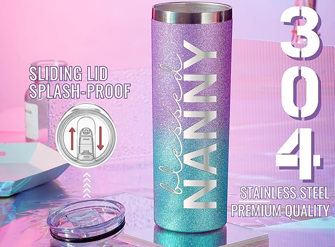 Onebttl Christian Grandma Gifts for Mother's Day, 20oz Purple & Blue Glitter Skinny Tumbler, Straw & Lid Included, Nanny Gifts - Blessed Nanny