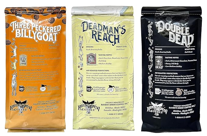 Raven's Brew Whole Bean Variety Pack - 3 Delicious Flavors - Three Peckered Billy Goat, Deadman's Reach and Double Dead - 12oz each