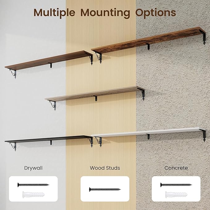 RICHFOCUS Floating Shelves for Wall Decor, 55.1W x 8D Shelves Set of 2, 8 Inch Deep Rustic Wood Shelves Wall Mounted with Brackets, Long Floating Shelves for Living Room Bedroom Kitchen, Walnut