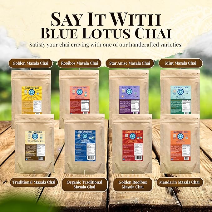 Blue Lotus Chai - Golden Rooibos Masala Chai - Makes 530 Cups - 1 Pound Bulk Bag Masala Spiced Chai Powder with Organic Spices - Instant Indian Tea No Steeping - No Gluten