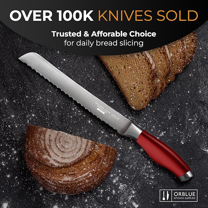 Orblue Serrated Bread Knife Ultra-Sharp Stainless Steel Professional Grade Bread Cutter - Cuts Thick Loaves Effortlessly - (8-Inch Blade with 4.9-Inch Handle), Red