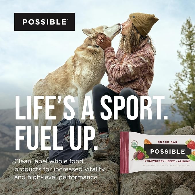 POSSIBLE Snack Bar - Organic Energy Bars with 10g of Plant-Based Protein - Vegan, Gluten-Free, Non-Dairy, USDA Organic - Healthy Fats - Clean Label - 1 Box, 12 Servings - Strawberry Beet Almond