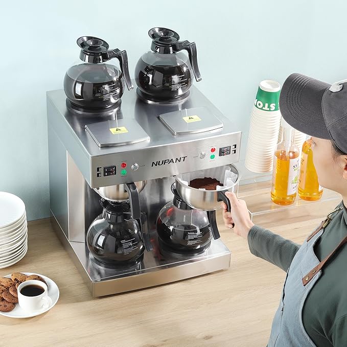 Dual Drip Commercial Coffee Maker with Water Line 200 Cup/H 7.2L Auto-Filling Drip Coffee Maker Machine with 4 Carafes & 4 Warmers Stainless Steel Pour over Double Coffee Brewer for Restaurant