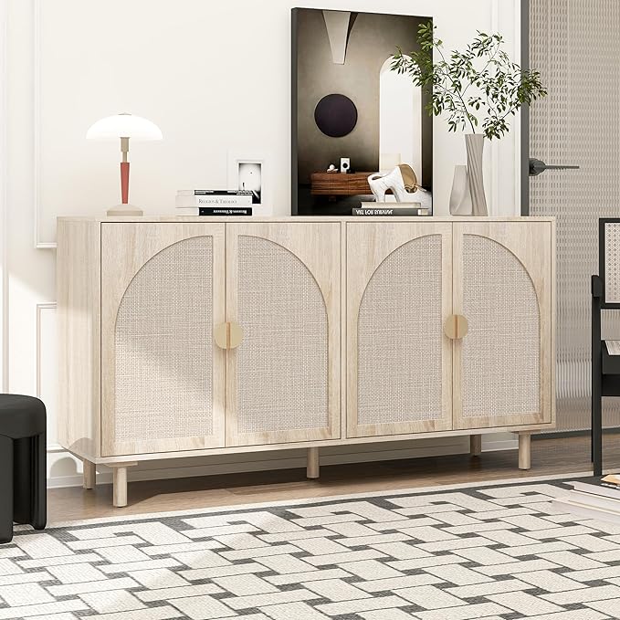 Beige Sideboard Buffet Cabinet, 4-Door Rattan Storage Cabinet, Coffee Bar with Adjustable Shelf, Accent Furniture for Living Room, Entryway, Home Office, Oak