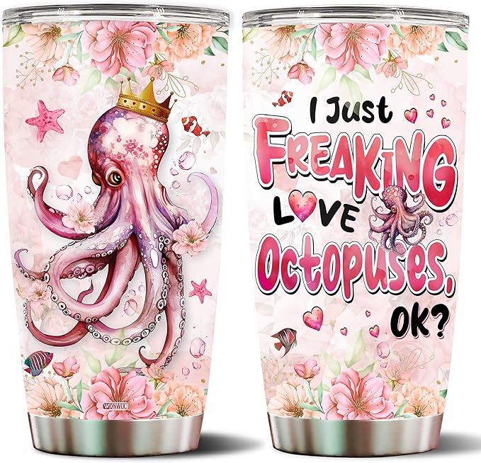 Octopus Tumbler 20oz Cute Animal Gift for Women, Girls Who Freaking Love Octopuses Lovers Flower Perfect Birthday Christmas Valentine Wife Daughter Insulated Stainless Steel Coffee Cup with Lid
