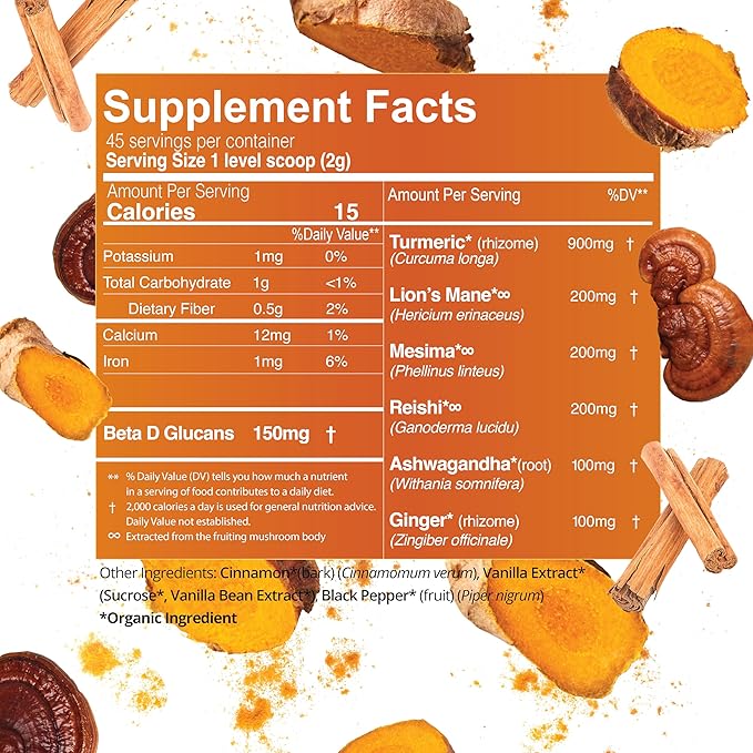 Organic Ceylon Cinnamon & Turmeric Latte Powder – USDA Organic, Fair-Trade, Non-GMO, with Ashwagandha, Lion’s Mane, Ginger – Perfect for Cooking, Golden Milk, Smoothies & Tea
