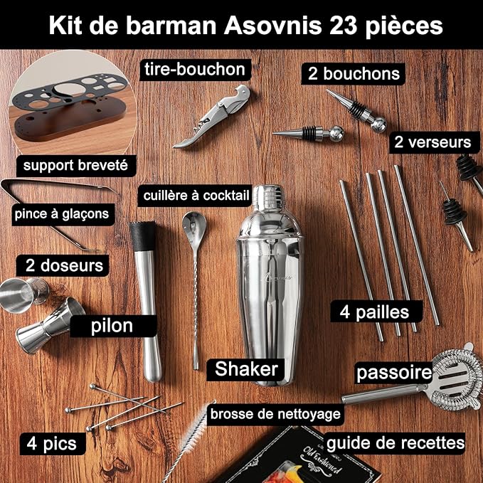 23-Piece Bartender Kit, Cocktail Shaker Set with Stand | Bar Drink Mixer Set with All Essential Bar Tools: Martini Shaker, Jigger, Strainer, Pourers, for Home, Bar, Party (Chocolate-y)