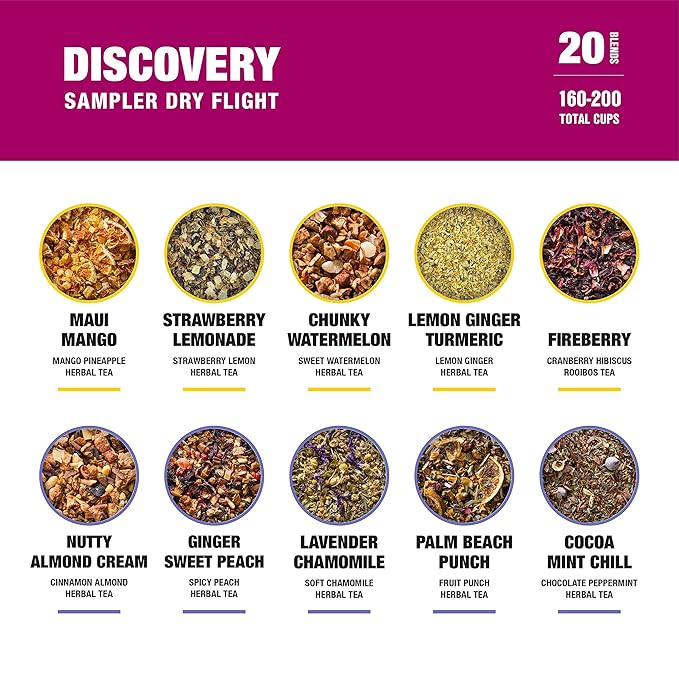 Tiesta Tea - Discovery Sampler Dry Flight Set - High to No Caffeine Loose Leaf Tea Variety Pack, Hot & Iced Brews Up to 200 Cups with Green, Herbal, Black & Chai Blends, 20 Resealable Sample Pouches