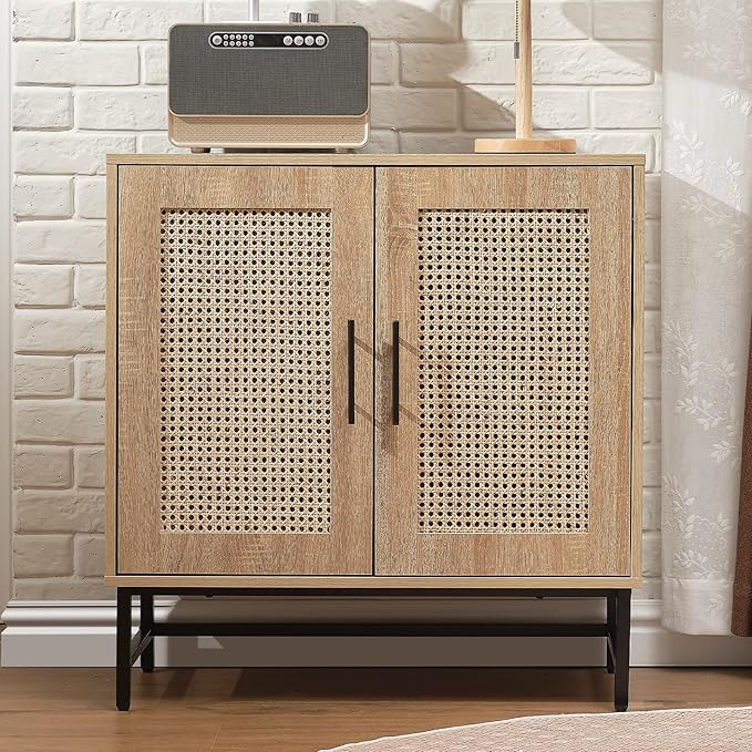 Storage Cabinet with PE Rattan Door, Sideboard Buffet Kitchen Cabinet, Modern Stylish Accent Furniture for Dining Room, Bedroom, Hallway, Living Room, Coffee Bar, Corner, Natural