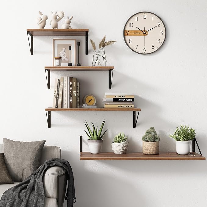 Fun Memories 27.5" W x10 D Floating Shelves, Large Wall Shelves 27.5 Inch Long, Set of 2, Farmhouse Wood Floating Shelf Wall Mounted, Deep Shelves for Bathroom, Living Room, Kitchen, Walnut Color