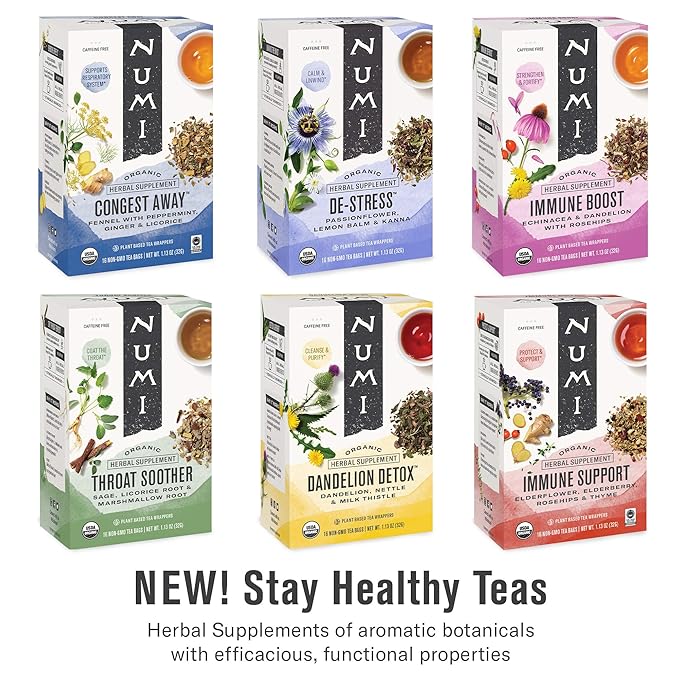 Numi Organic Throat Soother Herbal Tea, 48 Tea Bags, Caffeine‑Free Blend with Sage, Licorice Root, Marshmallow Root, Cinnamon & Clove for Soothing Throat Comfort