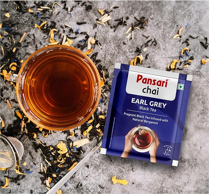 Pansari Earl Grey Black Tea, Individually Wrapped Bags – Smooth, Flavourful & Robust, Pure Caffeinated Black Tea, Enjoy Hot or Iced, Premium Tea Blend with Darjeeling, Aromatic & Bold – (100 Tea Bags)