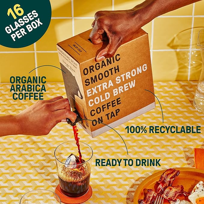 Wandering Bear Straight Black Organic Cold Brew Coffee On Tap, Iced Coffee Drink - Extra Strong, Smooth, No Sugar Added, Shelf-Stable, Ready to Drink, 100% Organic - 16 Servings of 6fl.oz - 96fl.oz