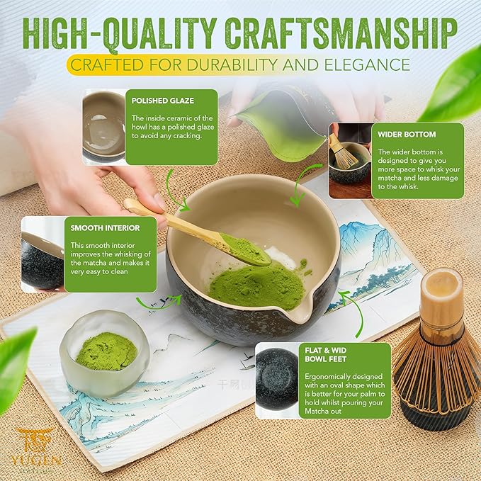 7 Piece Matcha Whisk Set, Includes 30g Ceremonial Grade Matcha Powder, Metal Sifter, Bamboo Whisk, Whisk Holder, Bamboo Spoon, Tea Cloth, Matcha Bowl, Tea Set, Ceremony Set