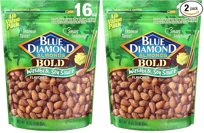 Blue Diamond Almonds Wasabi & Soy Sauce Flavored Snack Nuts, 16 Oz Resealable Bag (Pack of 2)