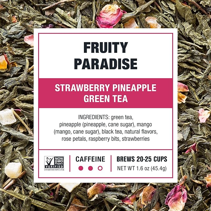 Tiesta Tea - Fruity Paradise, Strawberry Pineapple Green Tea, Premium Loose Leaf Blend, Tropical Fruit Flavor, Medium Caffeinated, Hot or Iced, 20-25 Cups, 9.6oz Resealable Pouch, Pack of 6