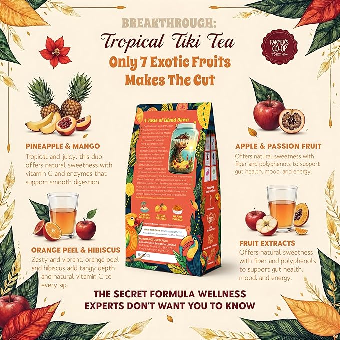 ENZO Tea Master Reserve - Tropical Tiki Tea (4oz) 7-Tropical-Fruit Blend for Afternoon Energy | Loose Leaf with Dried Mango Passion Fruit Pieces & Natural Fruit Essences