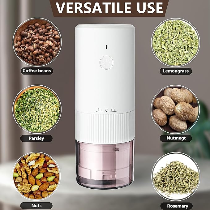 Electric Coffee Grinder Automatic Conical Burr Coffee Grinder with Precise Adjustable Settings, Portable Coffee Grinders for Travel (White)