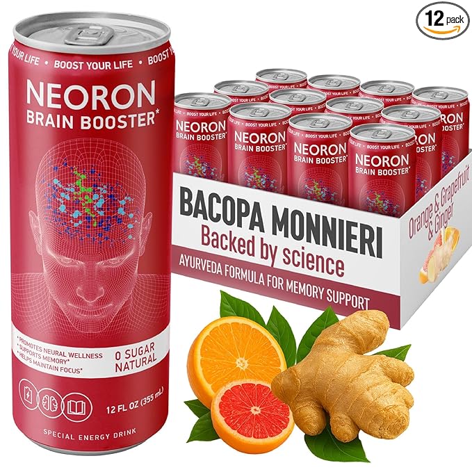 NEORON - Brain Defender, Focus & Memory Support, Sugar‐Free Nootropic Drink, Vegan (Pack of 12, Ginger Kick, Orange & Grapefruit)