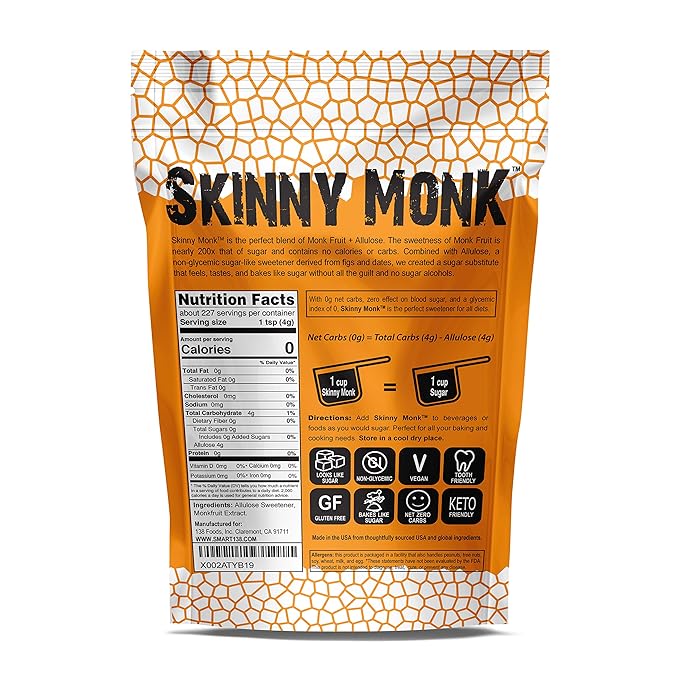 Skinny Monk - Allulose Sweetener w/Monkfruit, 1:1 Sugar Substitute, Keto Friendly, Zero Net Carbs, Non-Glycemic(Granular, 32oz)
