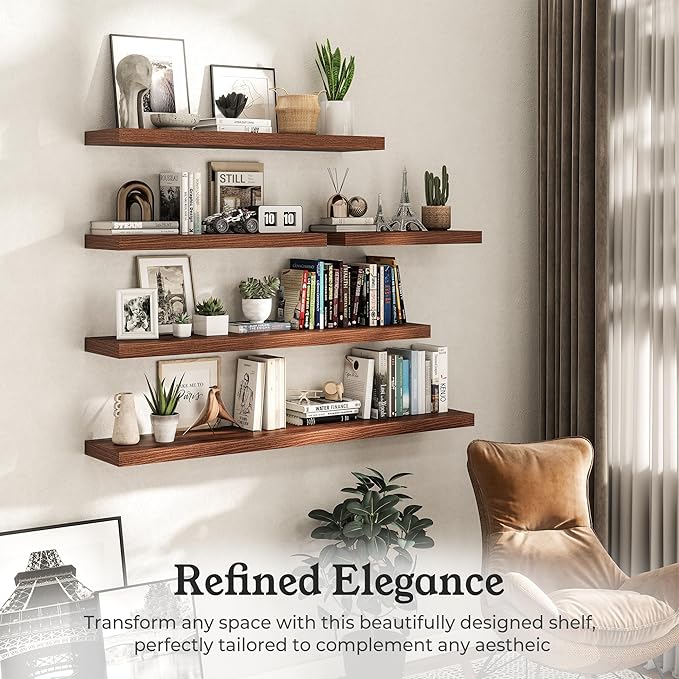 Floating Shelves for Wall, 9.3" Deep Wall Mounted Wood Shelves for Bathroom, Bedroom, Living Room, Kitchen, Hanging Shelf for Books/Storage/Room Decor (Walnut, 55")