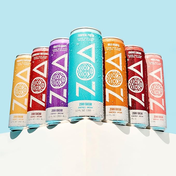 ZOA Zero Sugar Energy Drinks, Frosted Grape - Sugar Free with Electrolytes, Healthy Vitamin C, Amino Acids, Essential B-Vitamins, and Caffeine from Green Tea - 12 Fl Oz (12-Pack)