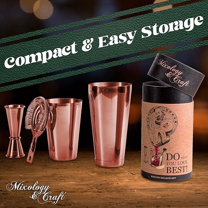 Mixology Cocktail Shaker Boston Shaker Set Professional Weighted Martini Shakers, Strainer and Japanese Jigger, Portable Bar Set for Drink Mixer Bartending, Exclusive Recipes Cards (Copper)