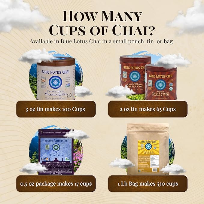Blue Lotus Chai - Golden Rooibos Flavor Masala Chai - Makes 65 Cups - 2 Ounce Masala Spiced Chai Powder with Organic Spices - Instant Indian Tea No Steeping - No Gluten