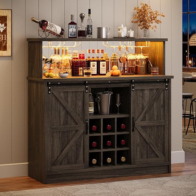 4ever2buy Farmhouse Coffee Bar with LED Lights, 47 inch Coffee Bar Cabinet with Storage, Wine Bar Cabinet with Glass & Wine Racks for Living, Dining Room, Grey