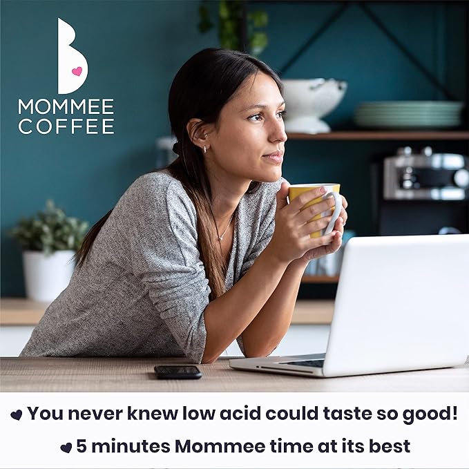 Mommee Coffee Full Caf Ground Low Acid Coffee - 100% Arabica Organic Coffee Beans with Smooth Caramel Flavor - Medium Grind for Drip, Reusable One Cup Filters - 11 oz