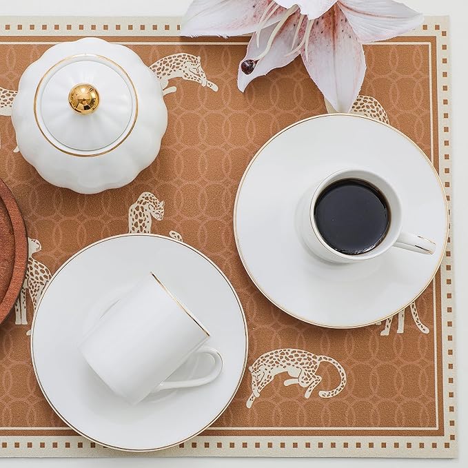 White Porcelain 8-Piece Espresso Cup Set - 3.3oz Demitasse Cups and Saucers Set, Elegant design with gold trim, Perfect for Espresso, Turkish Coffee, and Dessert Drinks, Gifts