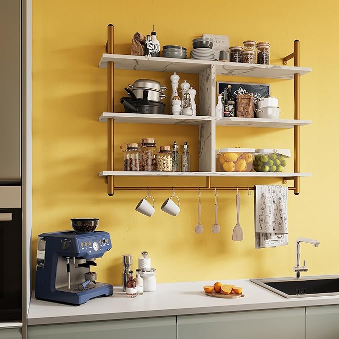 Bestier Kitchen Shelves Wall Mounted Floating Pipe Shelving 3 Tier 41.5" Coffee Bar Shelf with Holder Wall Display Storage Rack Kitchen Organization and Home Decor, White Faux Marble