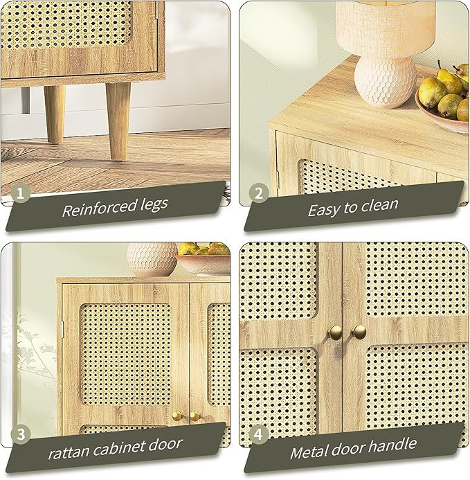 Rattan Sideboard Buffet Cabinet with Storage,Boho Credenza Accent Cabinet with 2 Magnetic Doors and Adjustable Shelves and Solid Wood Legs for Dining Room, Entryway, 31.5" x 15.8" x 34.6"