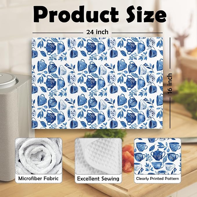 Chinoiserie Spring Floral Teacups Kitchen Dish Towels, Retro Blue and White Tea Lover Gifts for Women, Flower Coffee Cups Teapots Decor， Hand Towels Kitchen Tea Towels Decorations, 16x24inch