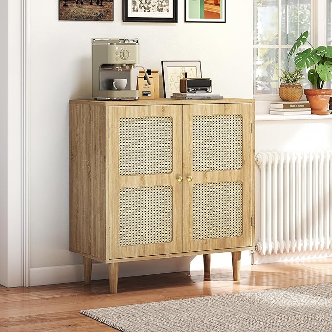 Rattan Sideboard Buffet Cabinet with Storage,Boho Credenza Accent Cabinet with 2 Magnetic Doors and Adjustable Shelves and Solid Wood Legs for Dining Room, Entryway, 31.5" x 15.8" x 34.6"