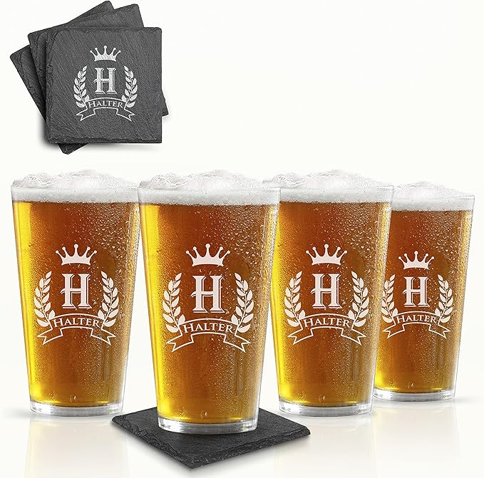 Custom Personalized Set of 4 Beer Glasses w/Grey Slate Coaster, Engraved Pint Glasses for Beer and Soda, Personalized Bar Coasters (4"x4") for Him