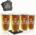 Custom Personalized Set of 4 Beer Glasses w/Grey Slate Coaster, Engraved Pint Glasses for Beer and Soda, Personalized Bar Coasters (4"x4") for Him