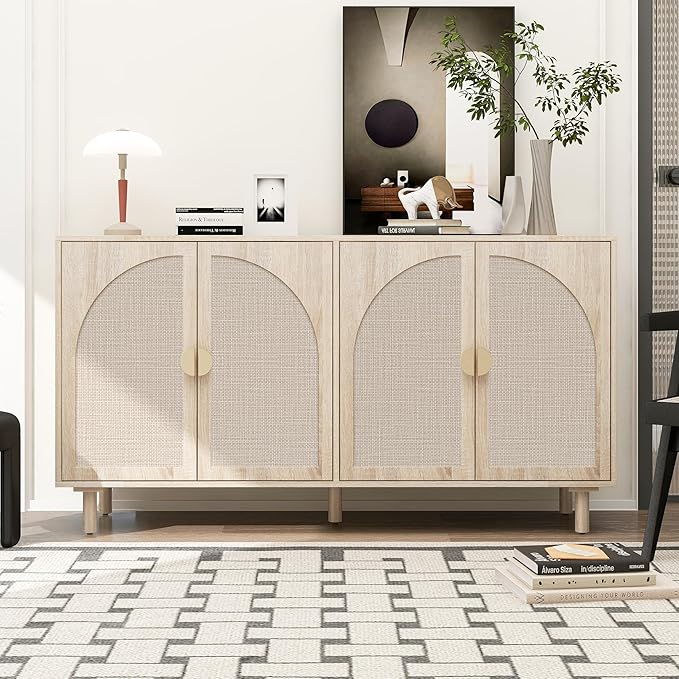 Beige Sideboard Buffet Cabinet, 4-Door Rattan Storage Cabinet, Coffee Bar with Adjustable Shelf, Accent Furniture for Living Room, Entryway, Home Office, Oak