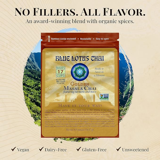 Blue Lotus Chai - Golden Masala Flavor Chai - Makes 17 Cups - 0.5 Ounce Masala Spiced Chai Powder with Organic Spices - Instant Indian Tea No Steeping - No Gluten