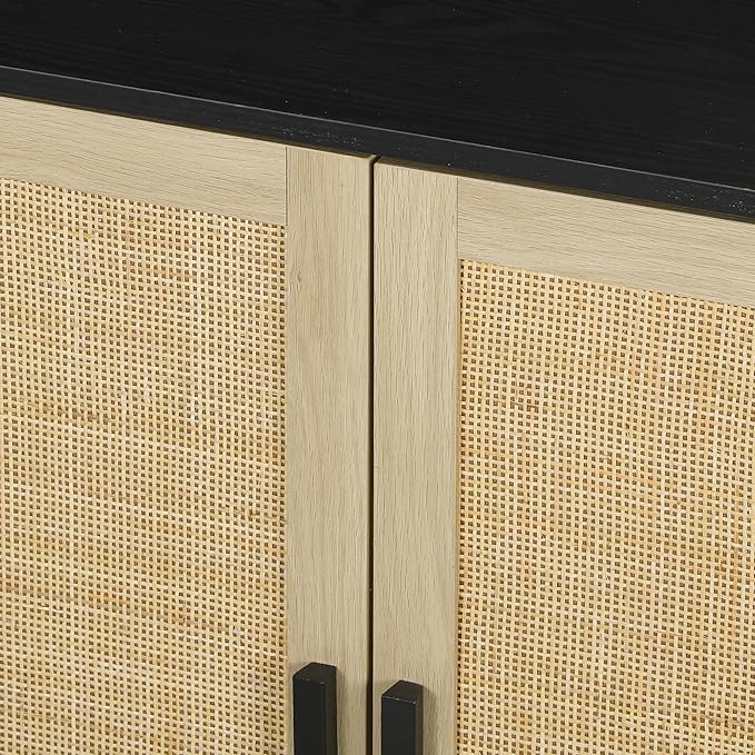 HOMCOM Sideboard Buffet Cabinet, 32" Boho Buffet Table, Rattan Coffee Bar Cabinet with 2 Doors and Shelves for Kitchen, Living Room, Entryway, Black