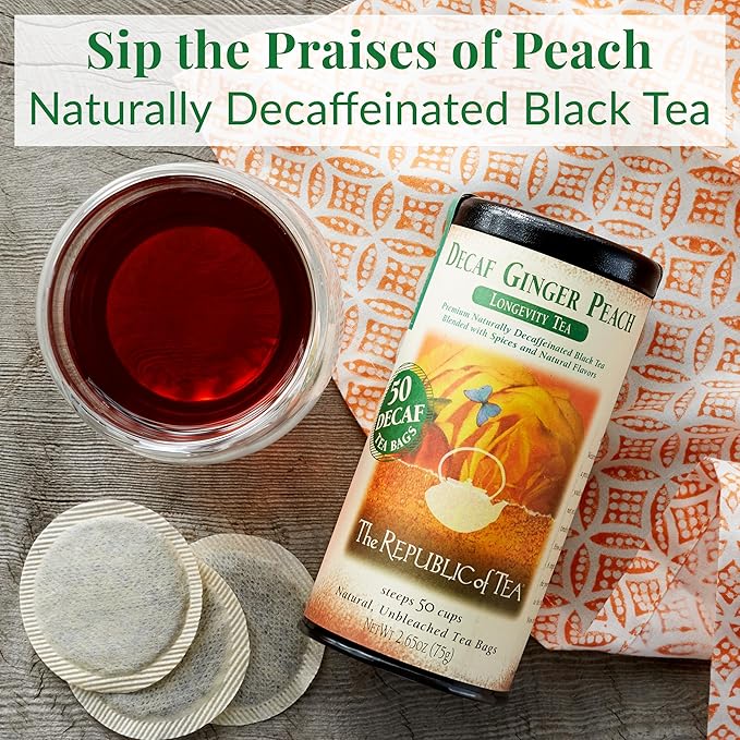 The Republic of Tea Decaf Ginger Peach Black Tea, Tin of 50 Bags