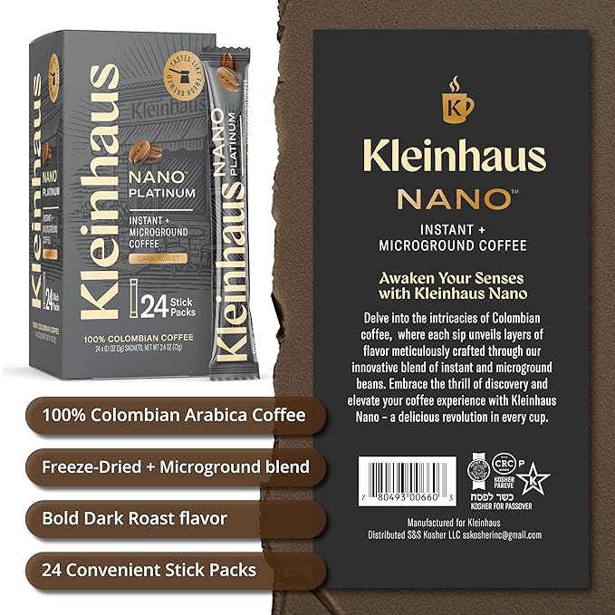 Kleinhaus Dark Roasted Nano Single-Serve Instant Coffee + Microground | 100% Colombian Arabica Coffee | Freeze dried | Fresh Brewed Taste | 6 X 24 Packets