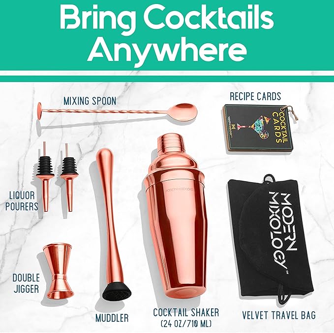 Modern Mixology 8-Piece Cocktail Shaker Set, 24oz Stainless Steel Bartender Kit with Velvet Giftable Bag, Curated Travel Cocktail Kit for Hosting Essentials (Copper)