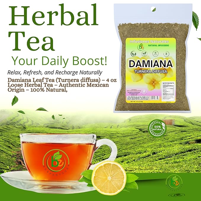 Damiana Leaf Te – 4 oz (113g) Loose Herbal Tea + Stainless Steel Tea Infuser – 100% Natural Turnera diffusa – Authentic Mexican Origin – Caffeine-Free, Non-GMO, Gluten-Free, Vegan By Bexpertsusa