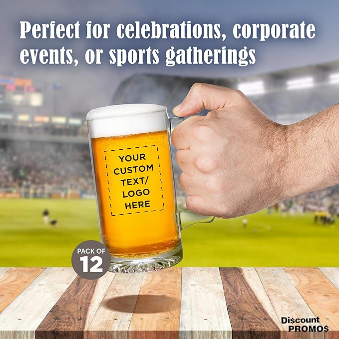 12 Libbey Beer Mugs Set, 12 oz. - Customizable Text, Logo - Groomsmen Glassware - Clear